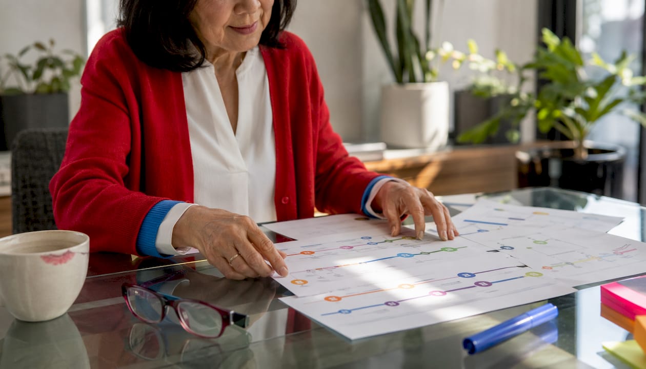 Overhead of senior woman organizing marketing timeline papers