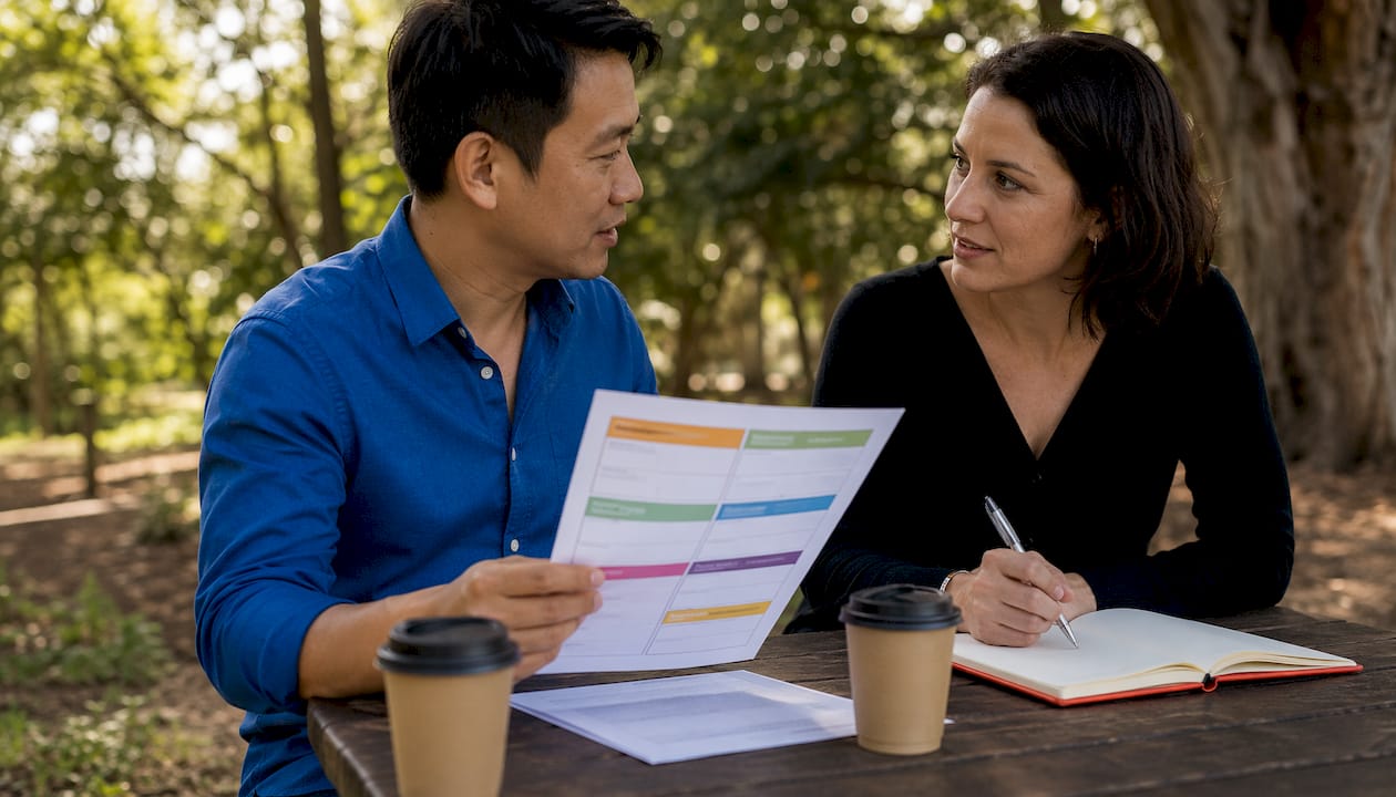 Two professionals discussing client persona outdoors