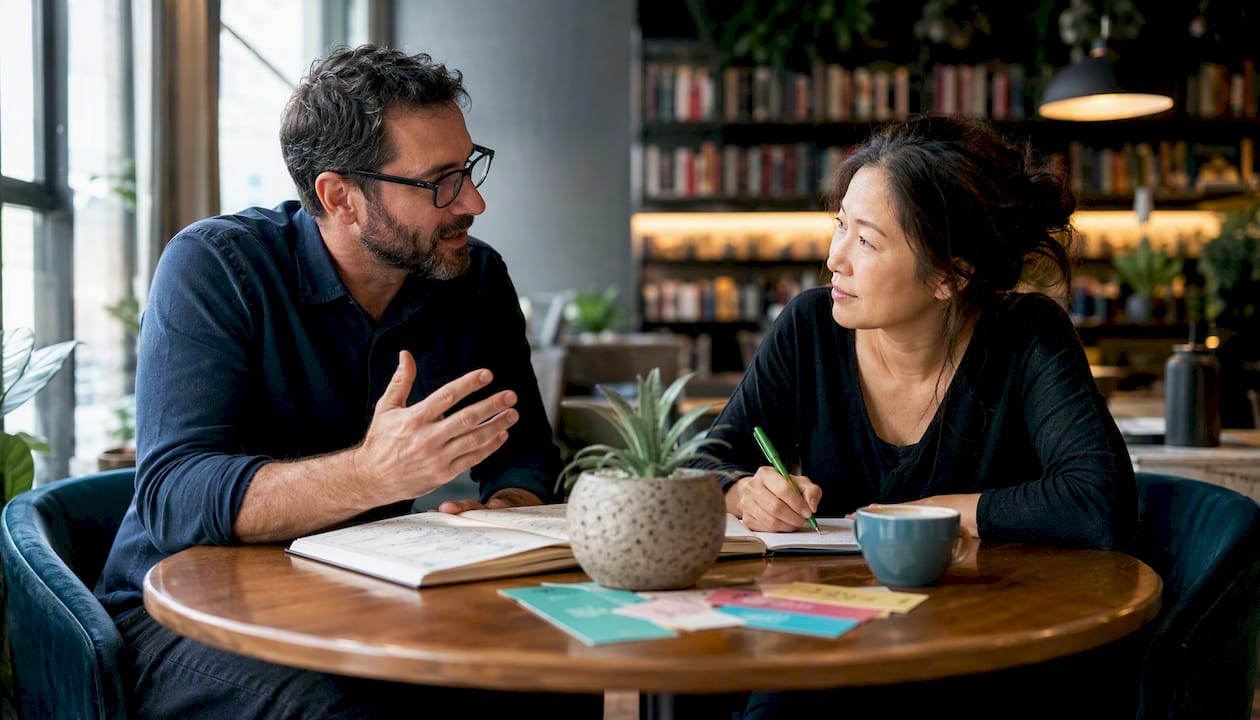 Two small business professionals discussing website changes