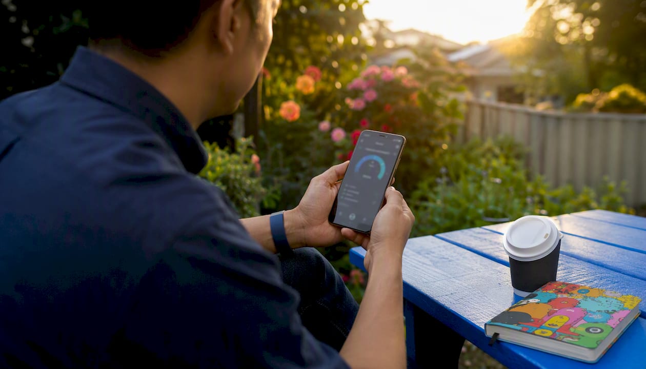 Hands holding smartphone conducting a website speed test outdoors