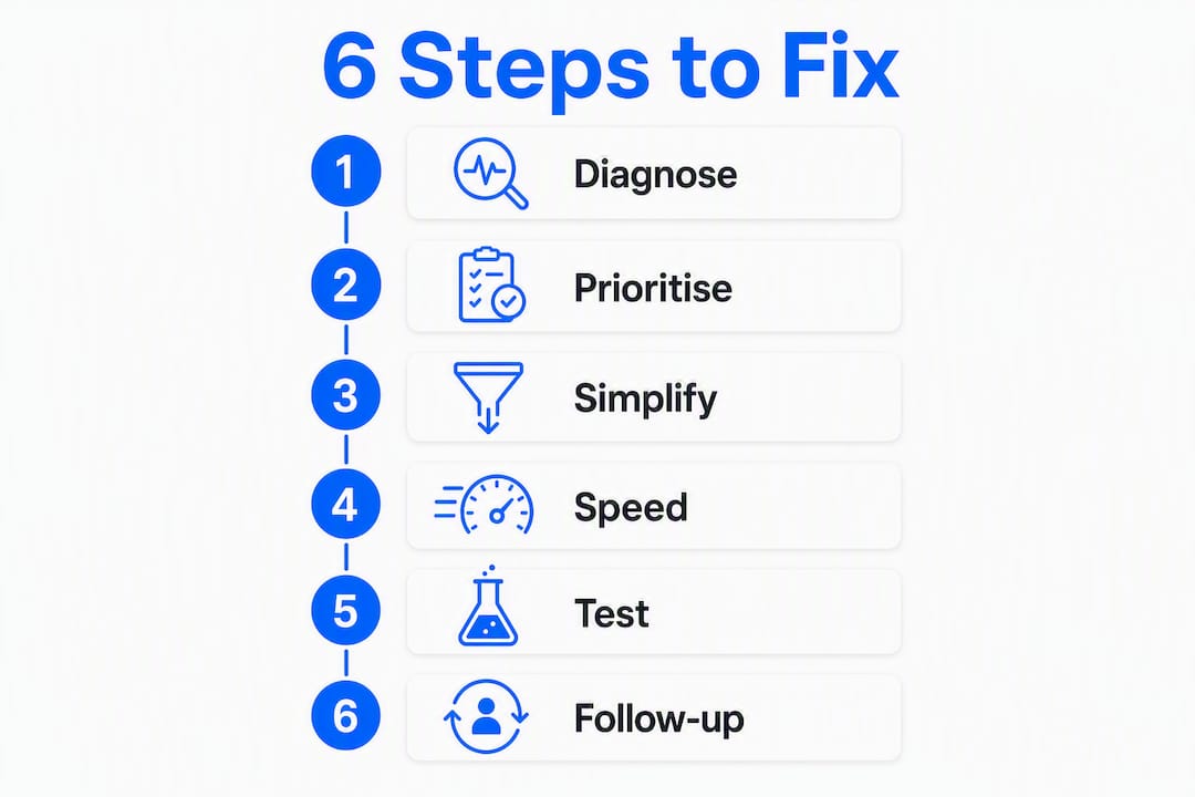 Infographic showing 6-step website conversion improvement process