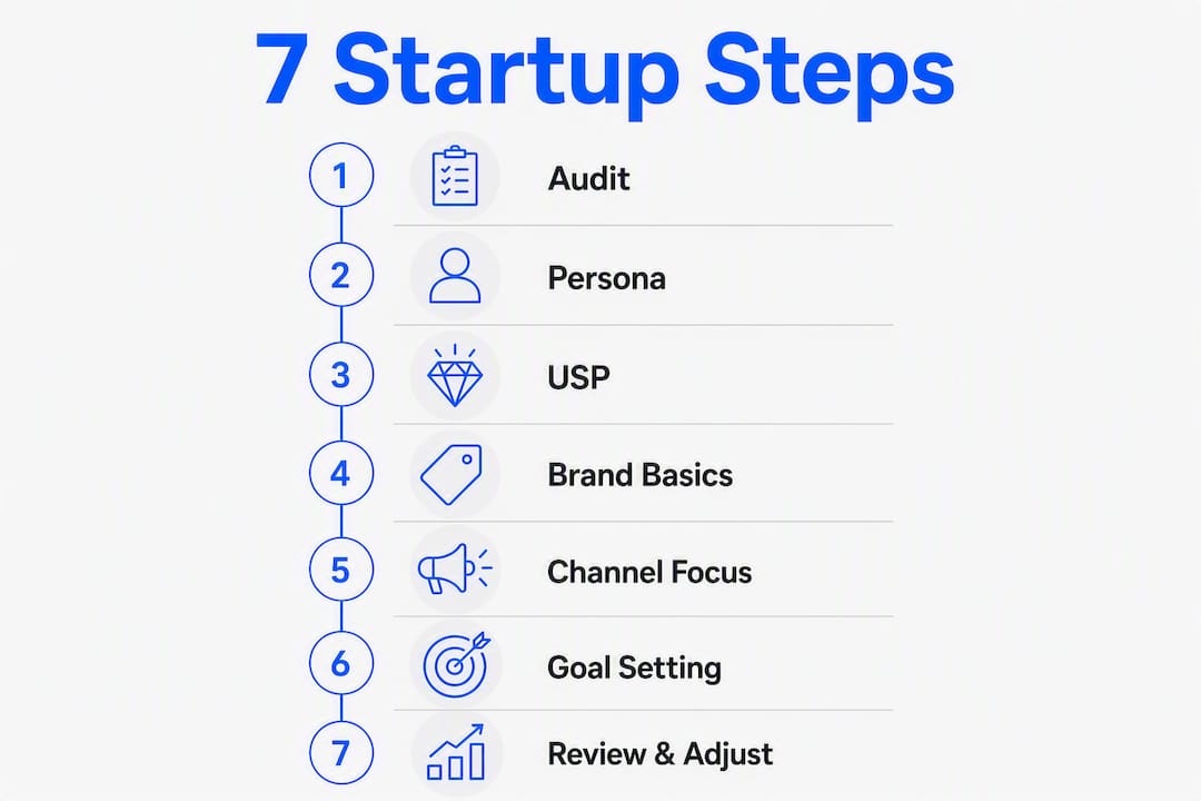 Infographic of 7 startup marketing steps in vertical flow