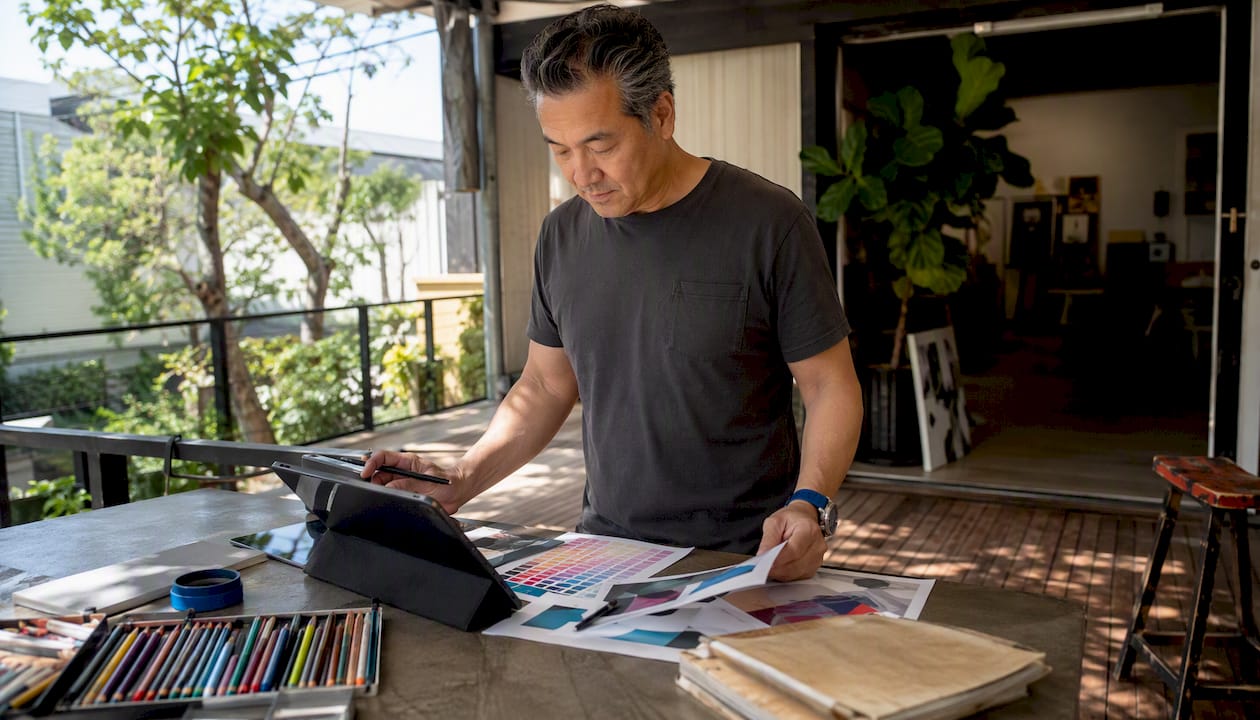 Asian-Australian man designing with digital tools