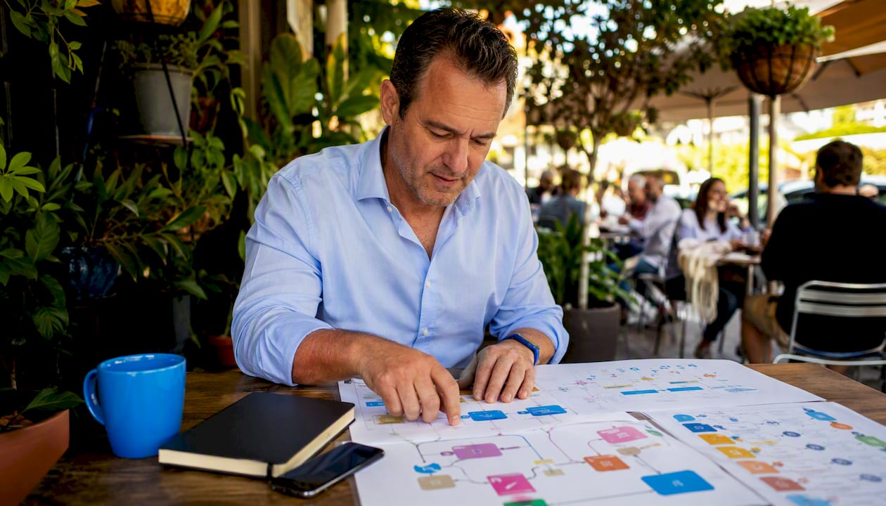 Hands arranging marketing documents on desk