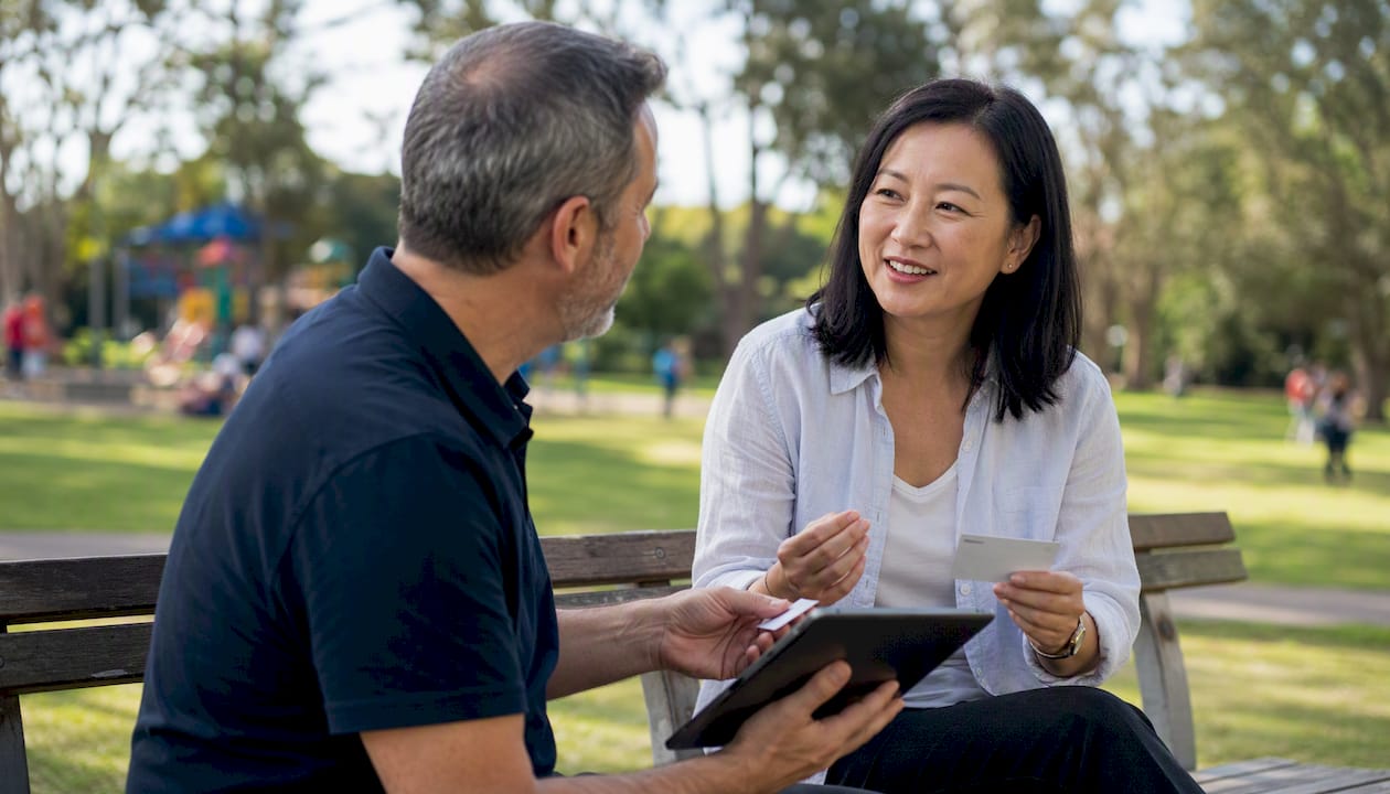 Two professionals vetting real estate buyers outdoors