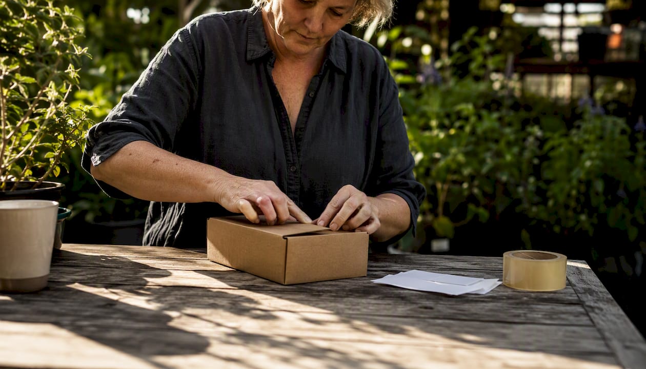 Hands packing product box on kitchen table