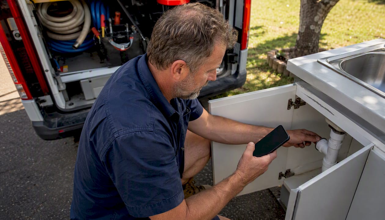 Plumber using mobile quoting app onsite