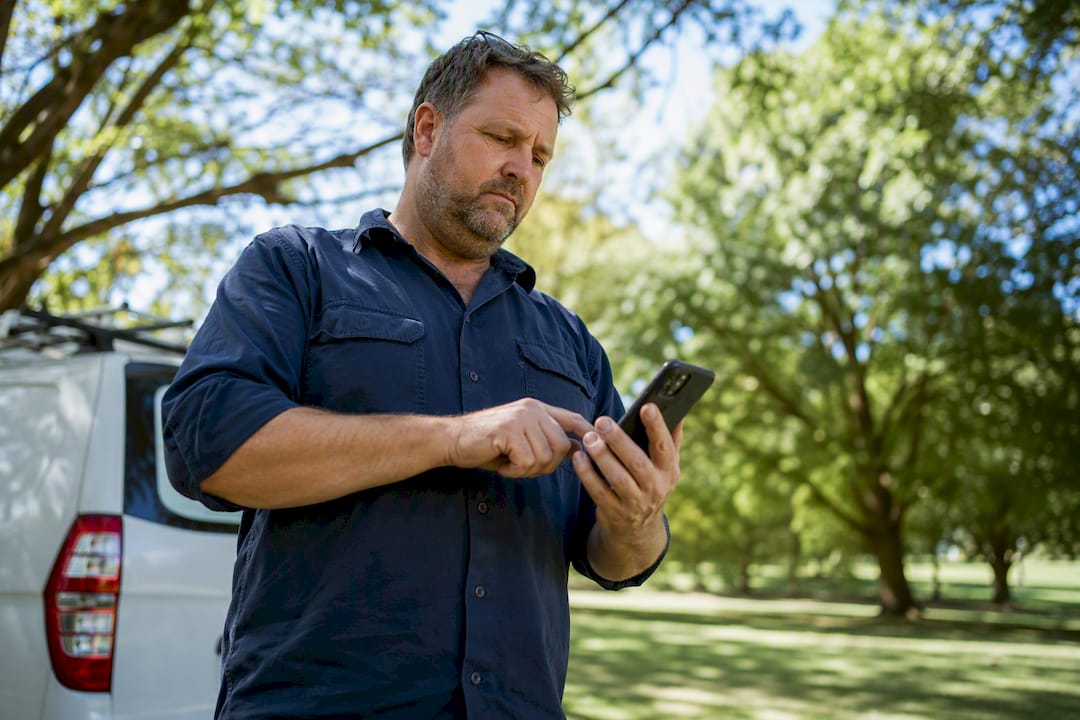 Tradie checking smartphone outdoors near van