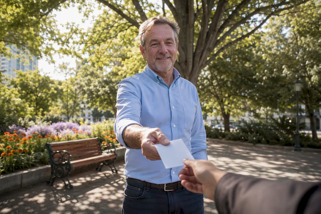 Man handing testimonial card outdoors