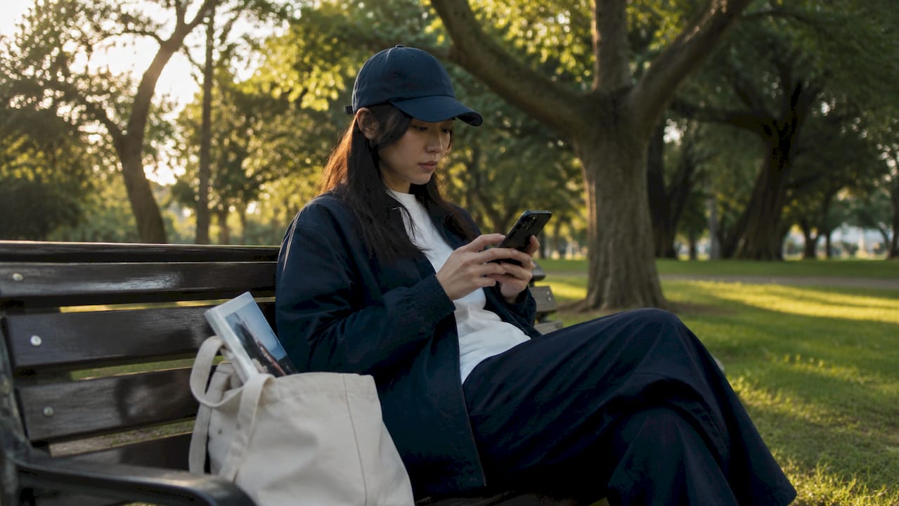 Hands scrolling phone for streetwear drop in café