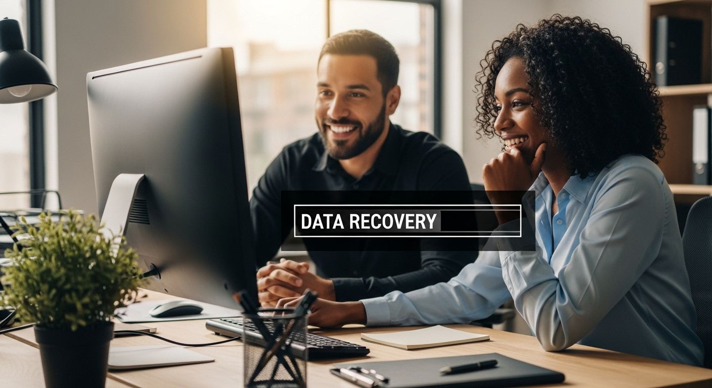 Two IT professionals smiling while discussing data recovery strategies at a desk, with a computer monitor displaying "DATA RECOVERY," emphasizing the importance of IT support for business continuity and data protection.