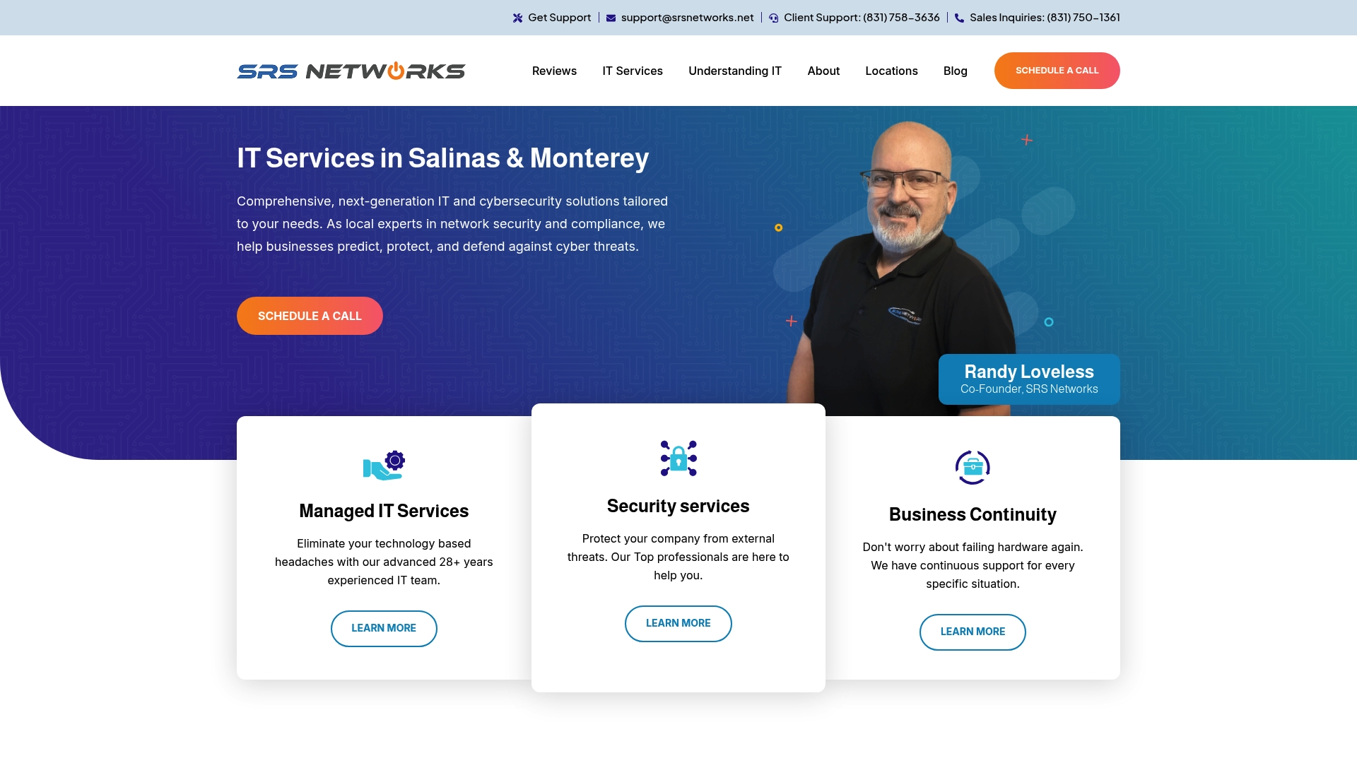 Randy Loveless, co-founder of SRS Networks, standing in front of a colorful background, promoting IT services and business continuity solutions for local businesses in Monterey Bay.
