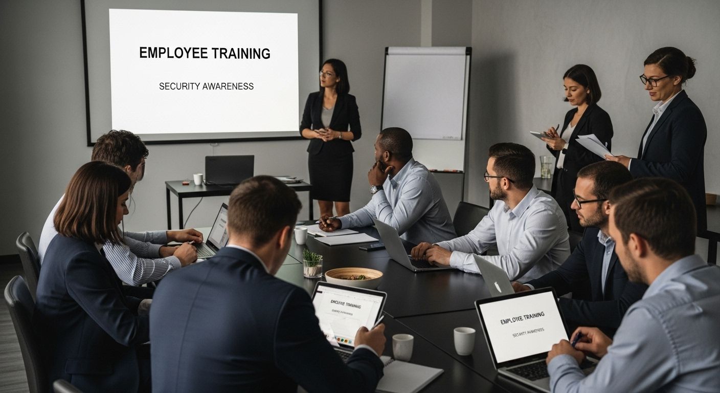 Group training session focused on employee security awareness, with a presentation slide titled "Employee Training" displayed, highlighting the importance of cybersecurity training in organizational compliance.