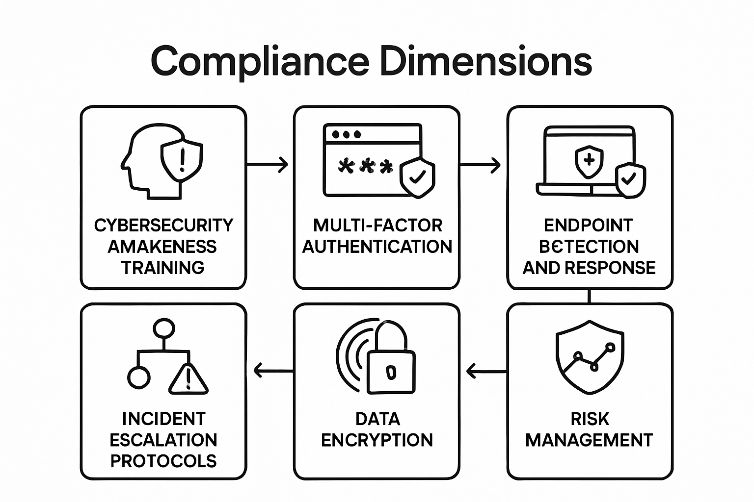 Infographic illustrating six key IT compliance dimensions for 2025: Cybersecurity Awareness Training, Multi-Factor Authentication, Endpoint Detection and Response, Incident Escalation Protocols, Data Encryption, and Risk Management.