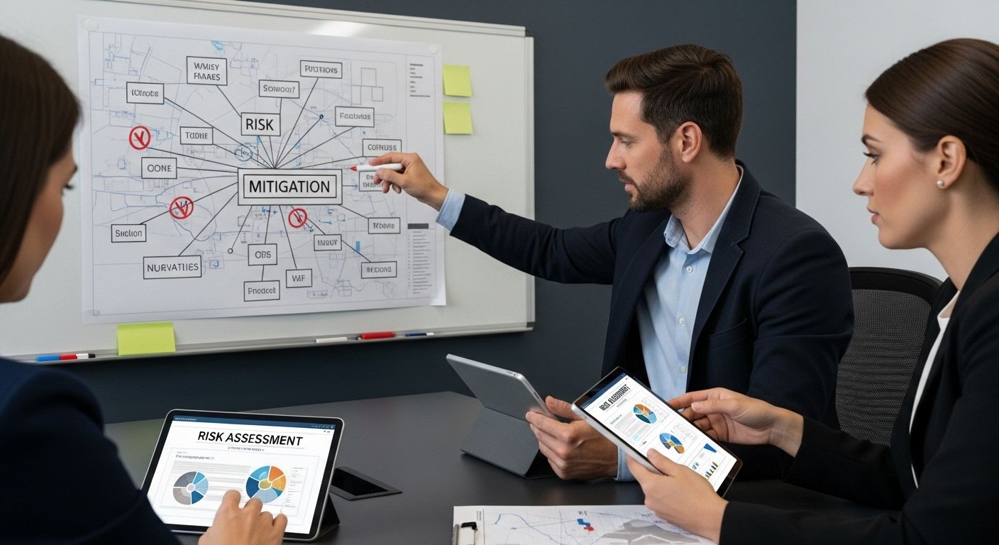Business meeting focused on risk assessment and mitigation strategies, featuring a whiteboard with "RISK MITIGATION" highlighted, and team members analyzing data on tablets and laptops.