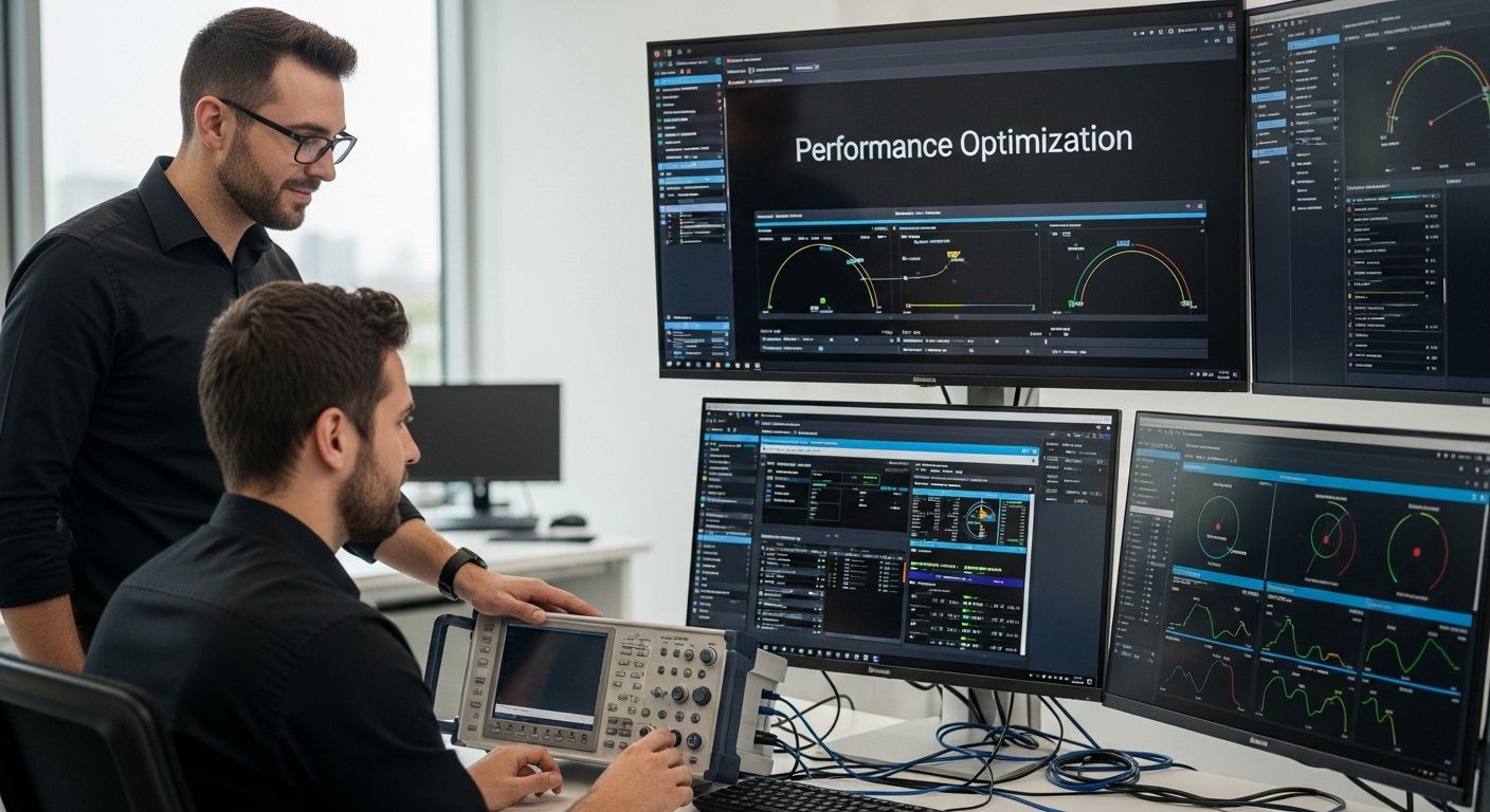 Two professionals analyzing performance optimization data on multiple monitors in a modern office setting, utilizing IT maintenance tools and technologies.