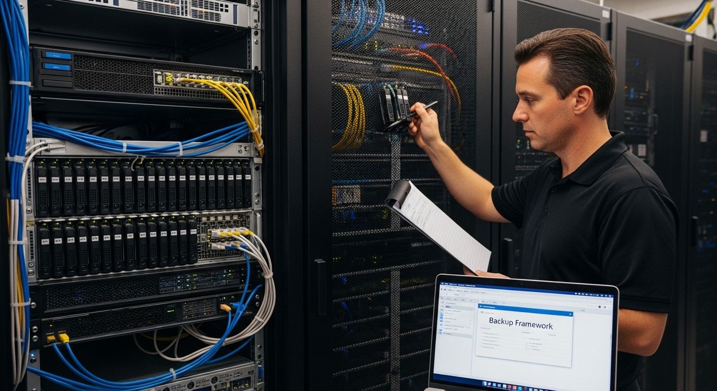 IT professional inspecting server hardware in data center, with backup framework displayed on laptop screen, emphasizing data protection strategies for businesses.