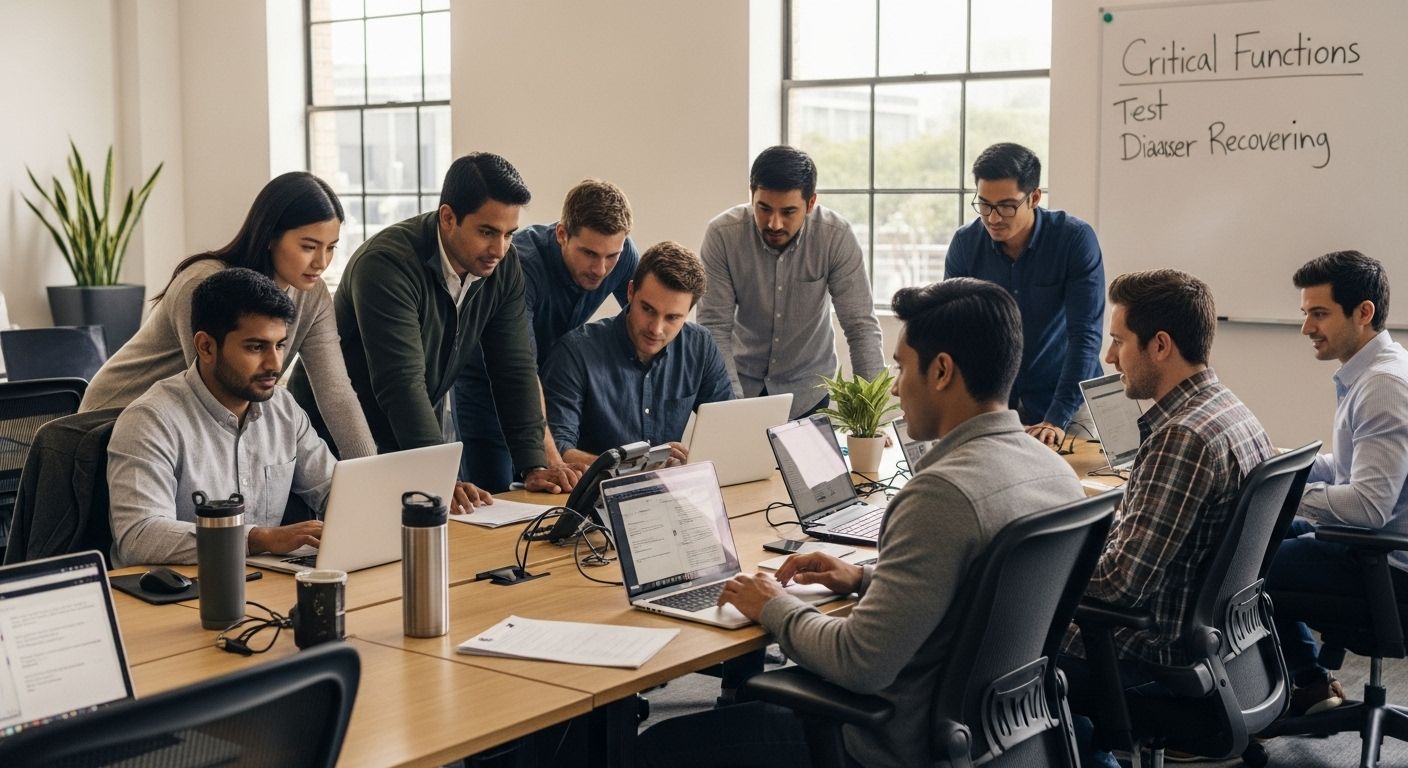 Group of professionals collaborating in a modern office setting, focusing on business continuity strategies, with laptops and a whiteboard displaying "Critical Functions" and "Disaster Recovering."