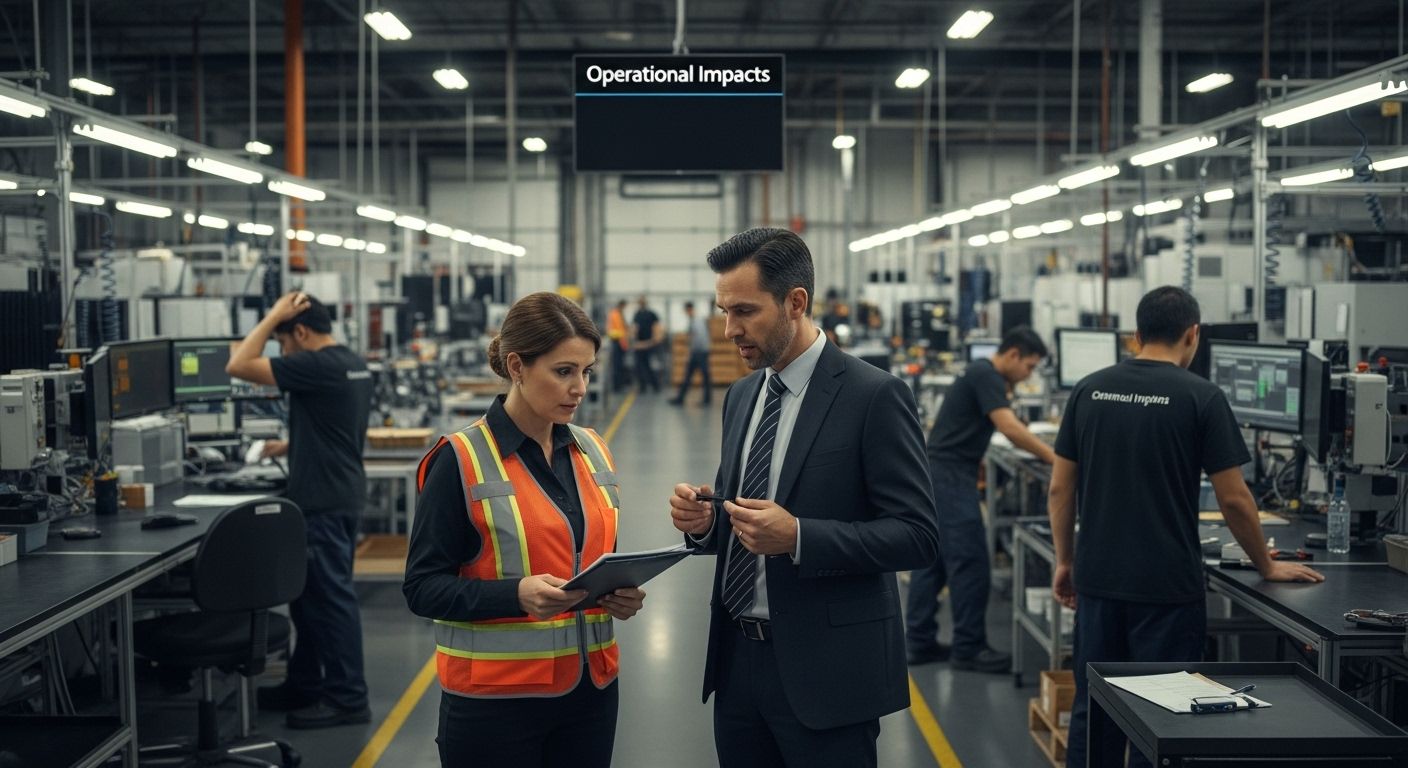 Manufacturing professionals discussing operational impacts in a factory setting, highlighting the importance of technological resilience and proactive strategies to mitigate IT downtime.