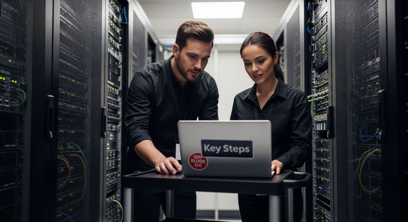 Two IT professionals reviewing critical systems on a laptop in a data center, surrounded by server racks, emphasizing risk assessment and disaster recovery planning.