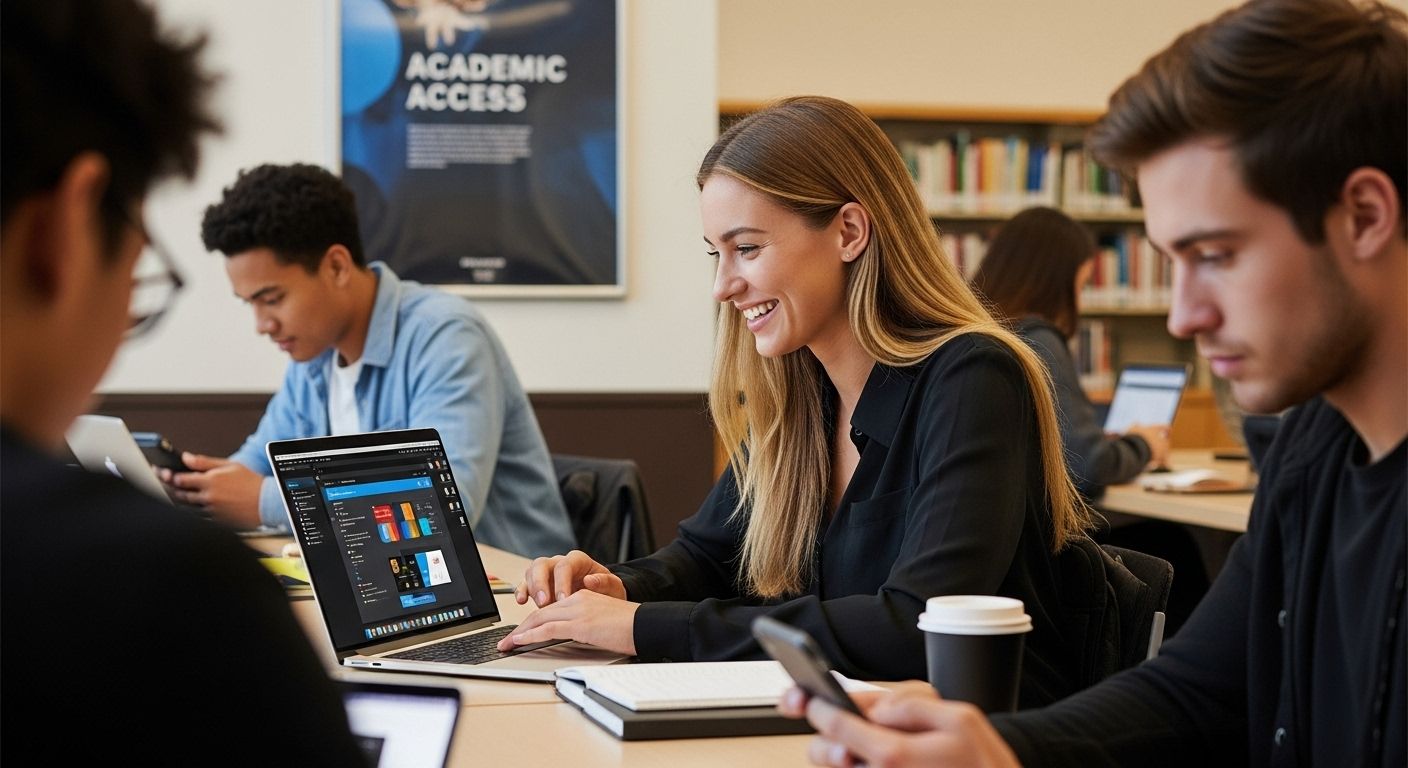 Students using laptops in a library setting, engaging with virtual desktop applications for academic access and collaboration.