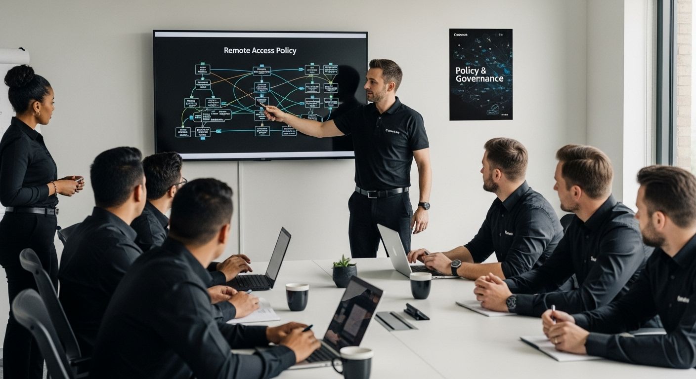 Business meeting on remote access policy, presenter pointing at flowchart on screen, team members in black attire engaged, laptops and coffee cups on table, emphasizing cybersecurity strategies.