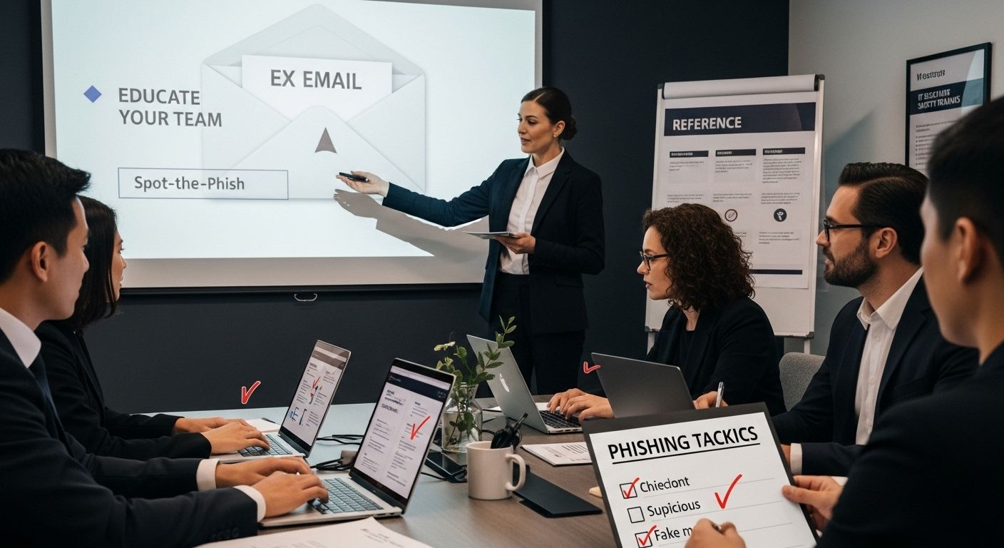 Business meeting focused on cybersecurity training, with a presenter highlighting phishing email examples and tactics on a screen, while team members engage with laptops and printed materials on identifying threats.