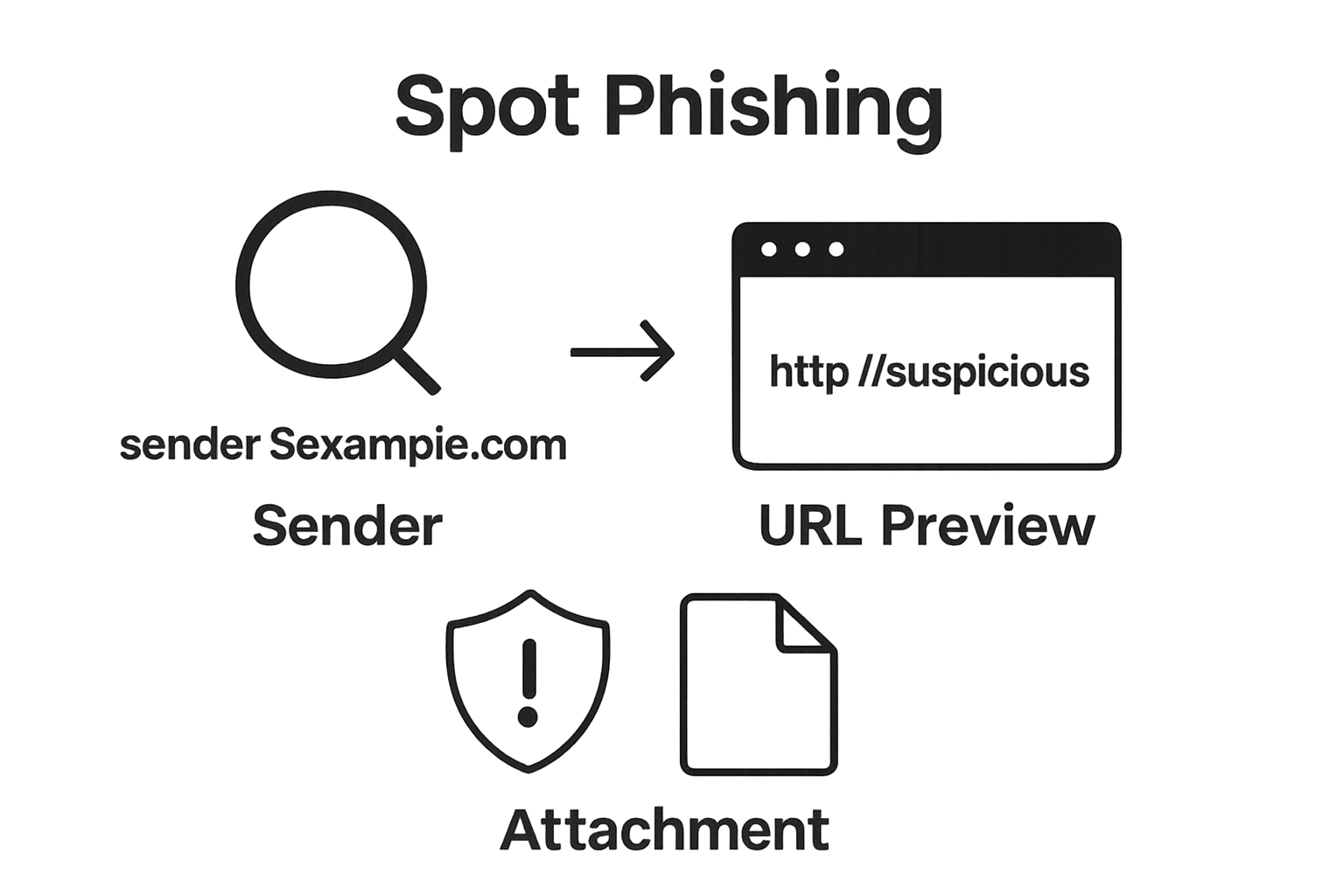 Spot phishing infographic illustrating steps to identify phishing threats: check sender details, inspect URL previews, and analyze email attachments for suspicious content.