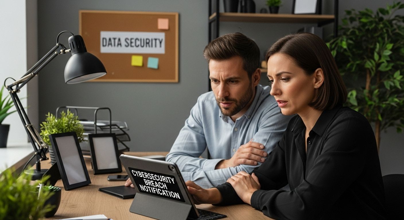Man and woman focused on tablet displaying "CYBERSECURITY BREACH NOTIFICATION" in an office setting, emphasizing the importance of data security and awareness of digital vulnerabilities.
