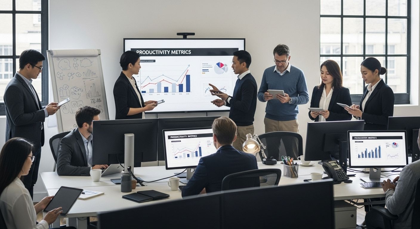 Group of professionals discussing productivity metrics in a modern office setting, with charts and graphs displayed on screens, emphasizing workplace performance improvement and technology integration.