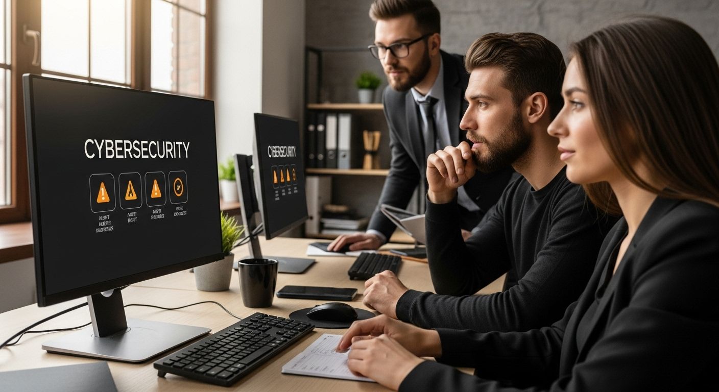Three professionals focused on cybersecurity, analyzing computer screens displaying alerts and safety icons, emphasizing the importance of cybersecurity measures in organizational risk management.