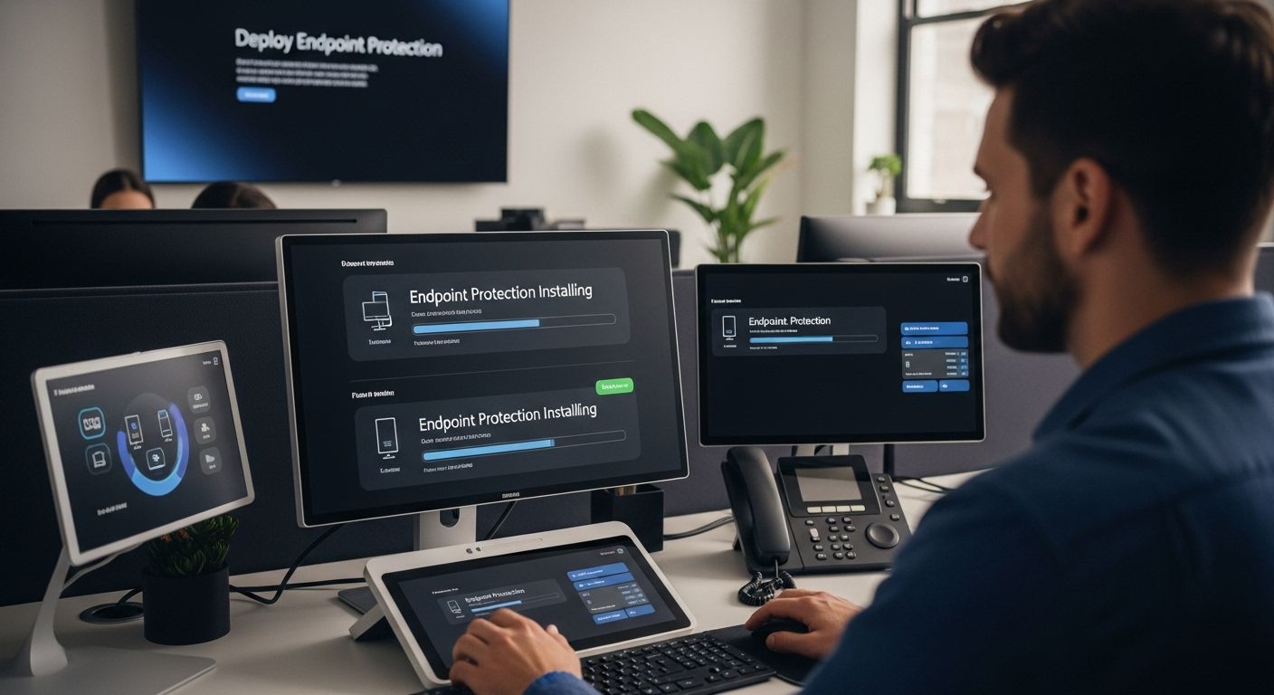 Person working at a desk with multiple monitors displaying endpoint protection installation progress, emphasizing cybersecurity measures and digital asset protection.