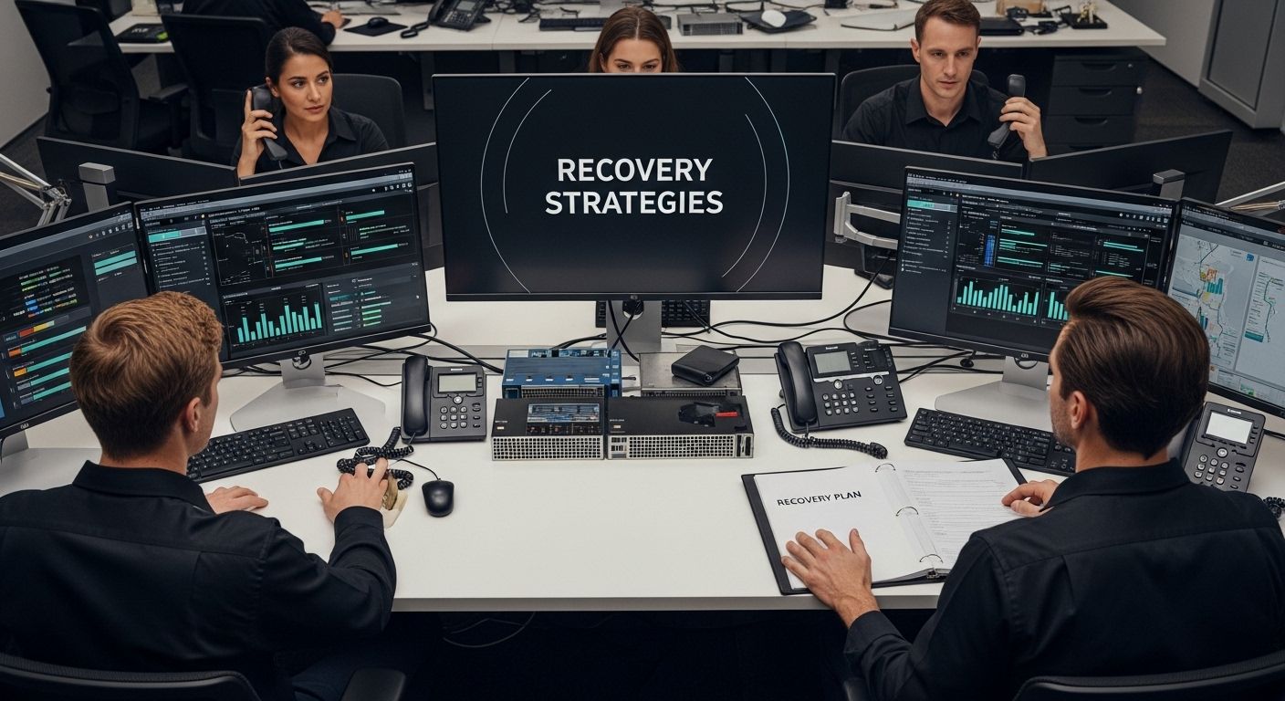 Team collaborating on disaster recovery strategies, analyzing data on multiple screens, with a focus on a recovery plan document.