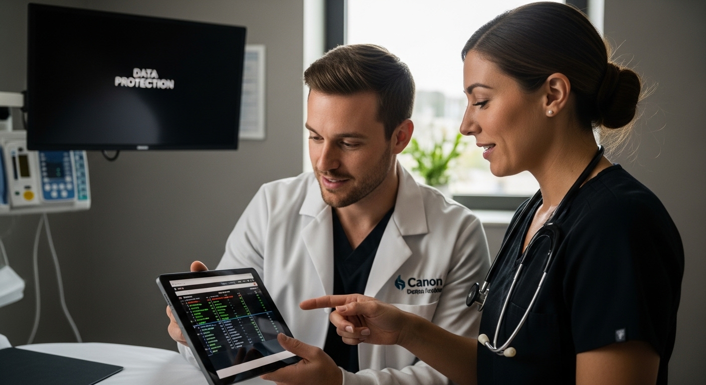 Healthcare professionals reviewing patient data on a tablet, emphasizing data protection in a clinical setting.