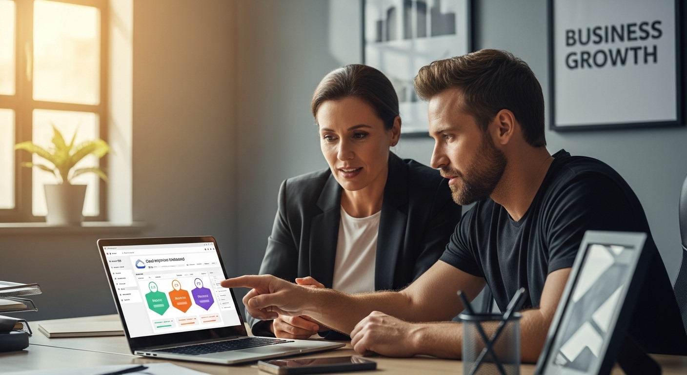 Business professionals discussing cloud migration strategies on a laptop, showcasing a dashboard with security and compliance metrics, emphasizing operational efficiency and growth.