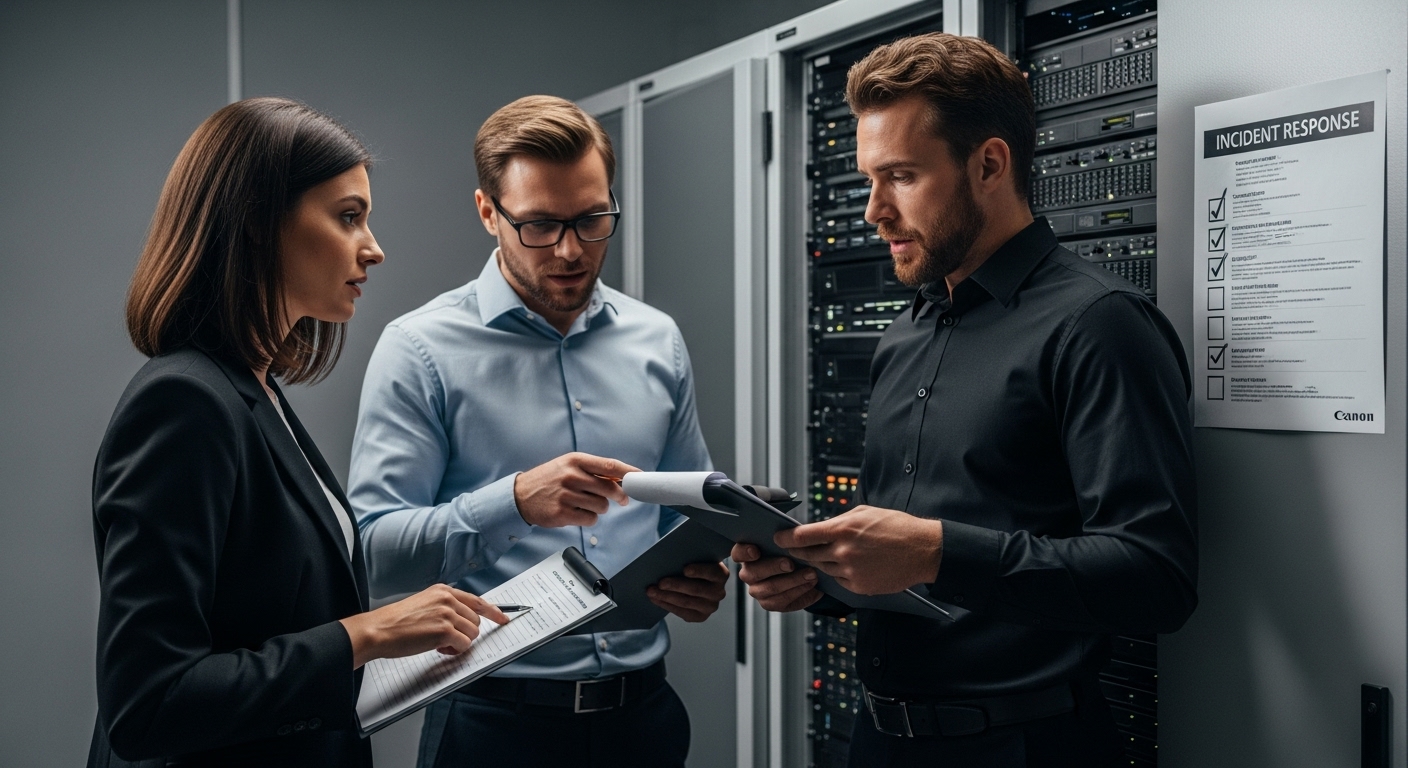 Three professionals discussing cybersecurity protocols in a data center, reviewing incident response procedures and collaborating on security strategies.