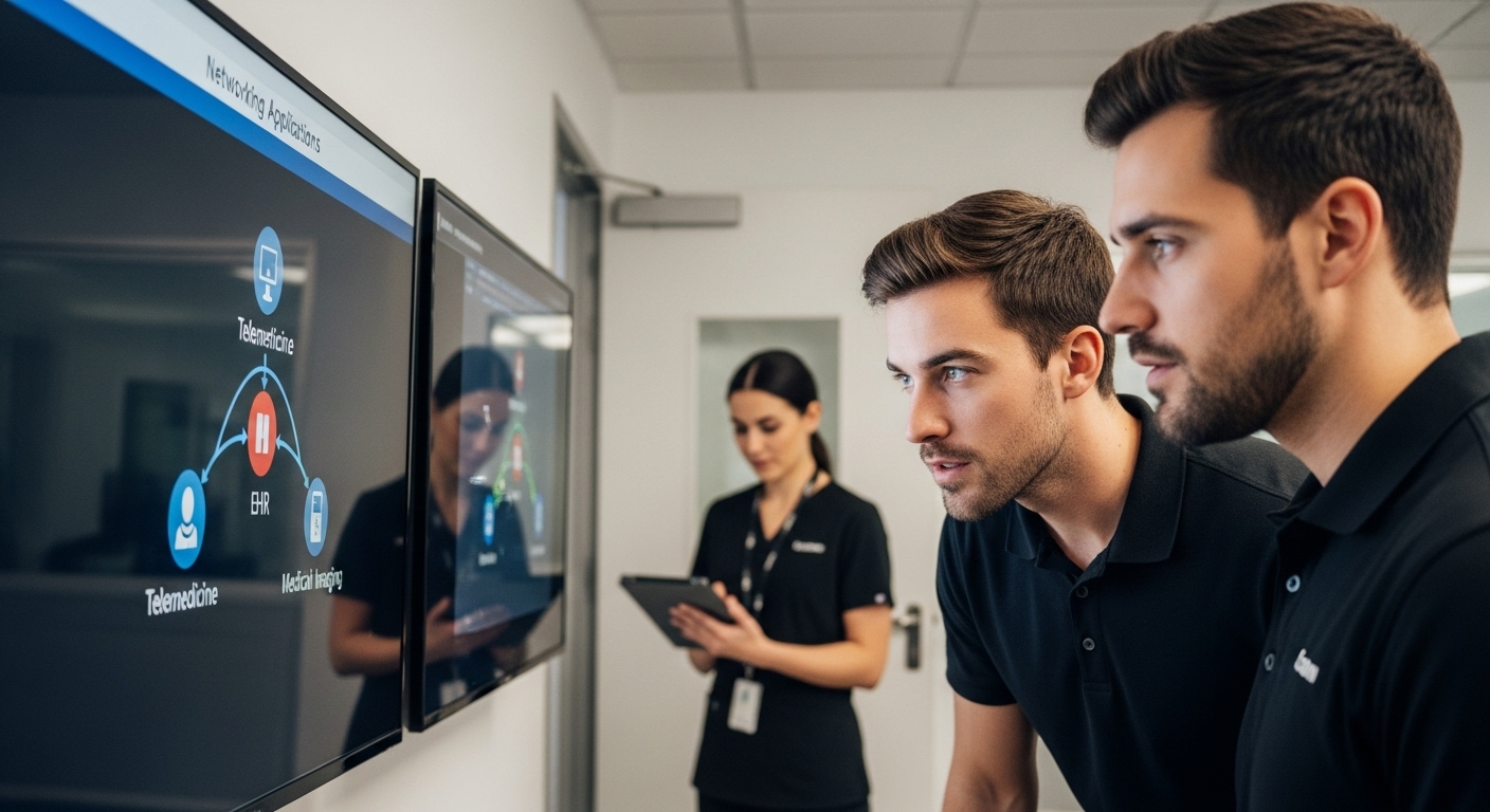 Two men in black polo shirts examining a digital display showing networking applications related to telemedicine and medical imaging, with a woman in the background holding a tablet.