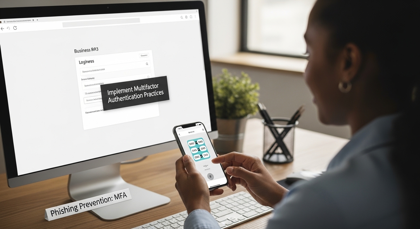Person using smartphone to access multifactor authentication app while viewing security settings on a computer screen, emphasizing implementation of MFA for phishing prevention.