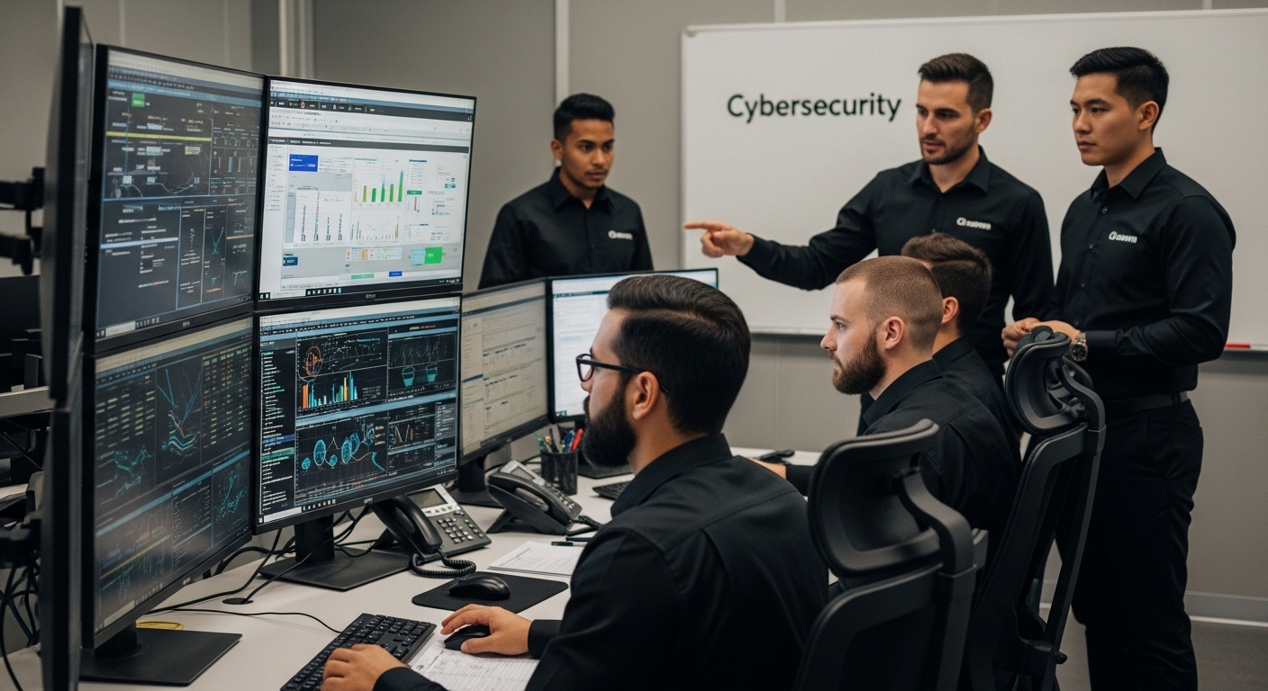 Team of IT professionals analyzing cybersecurity data on multiple monitors in a modern office setting, emphasizing advanced IT support for manufacturing environments.