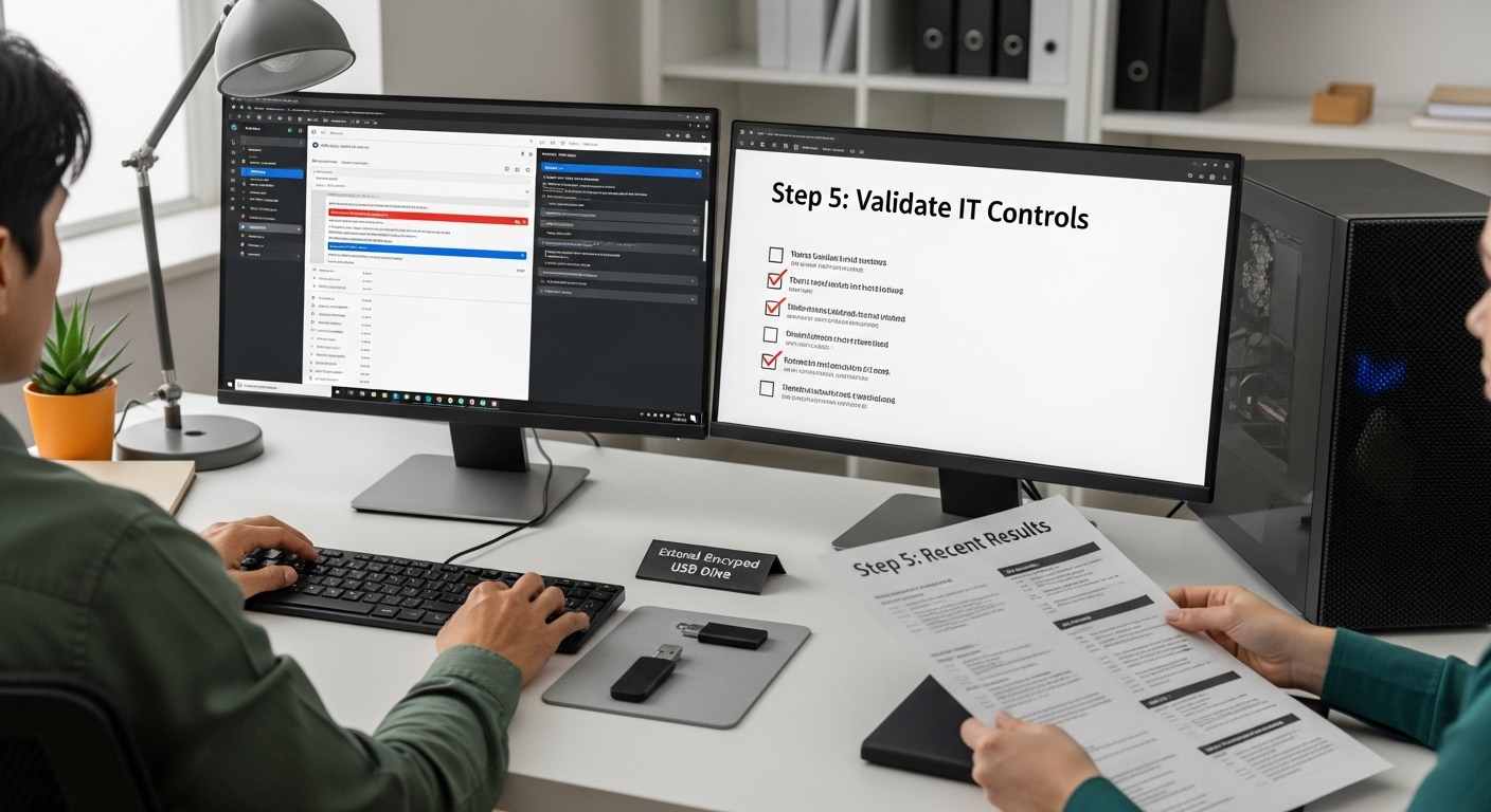 Person reviewing IT controls on dual monitors, displaying validation checklist and recent results, with an encrypted USB drive on the desk, emphasizing IT audit processes for security enhancement.