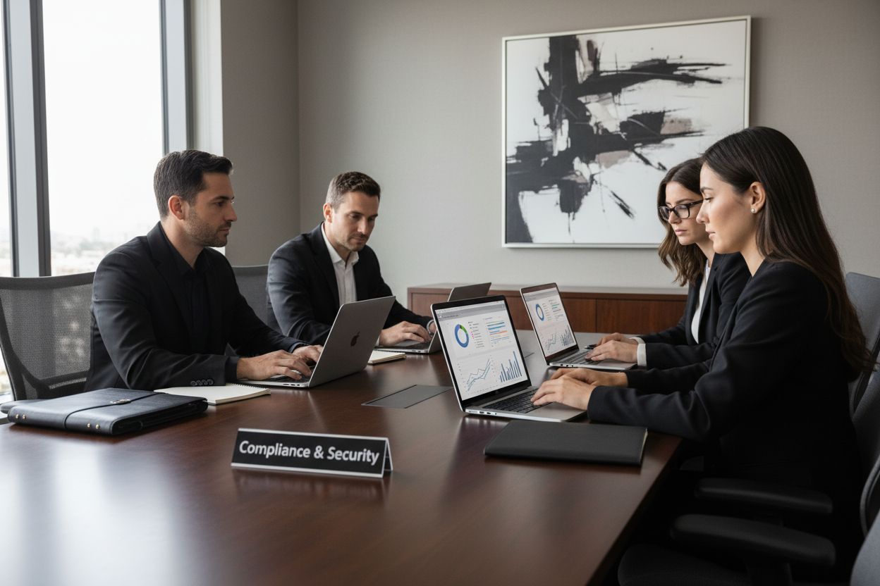 Business professionals collaborating in a meeting room, focused on laptops displaying data analytics, with a sign reading "Compliance & Security" on the table, emphasizing secure file sharing and data protection.