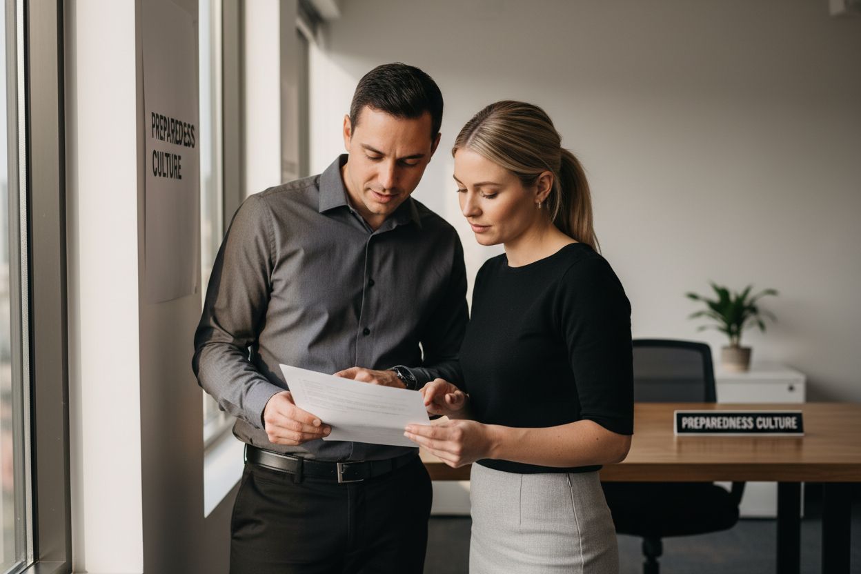 Two professionals discussing a document in an office setting, with a sign reading "PREPAREDNESS CULTURE" visible, emphasizing the importance of proactive risk management and organizational learning.