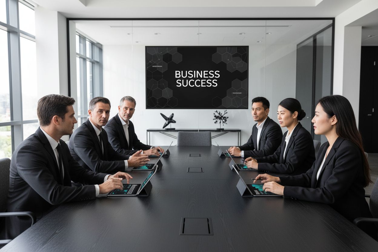 Business professionals in a modern conference room engaged in a strategy meeting, focused on digital innovation and cybersecurity, with "BUSINESS SUCCESS" displayed on a screen in the background.