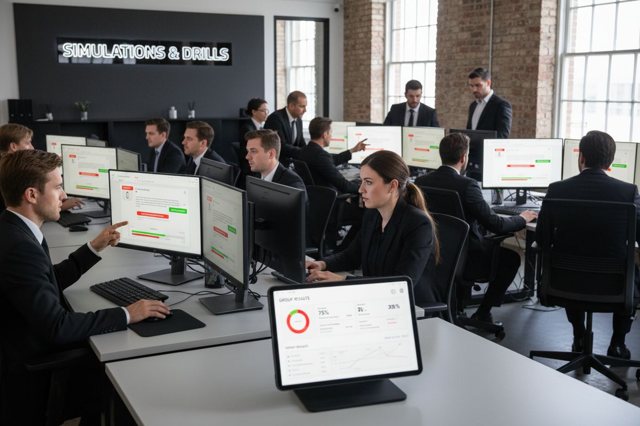 Group of professionals in business attire engaged in cybersecurity training simulation, analyzing performance metrics on multiple computer screens, with "Simulations & Drills" sign in the background.