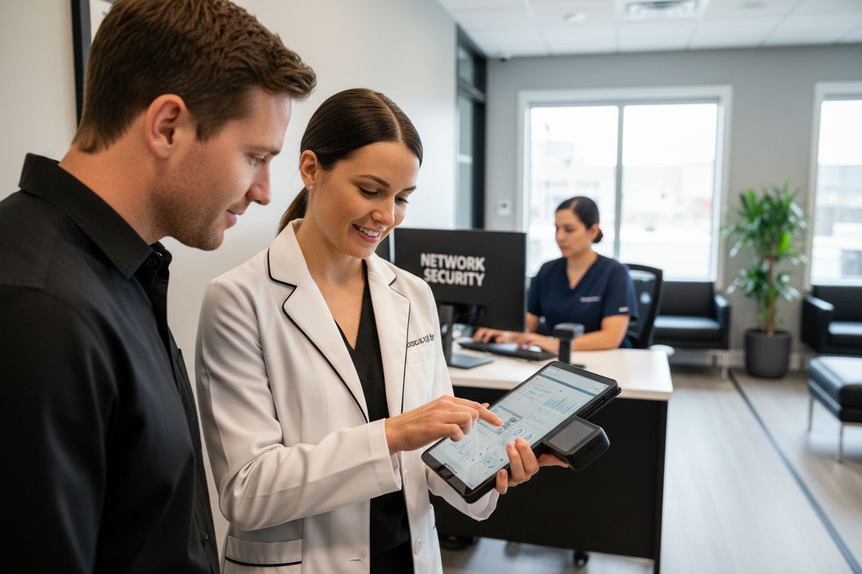 Healthcare professionals discussing secure wireless network applications, with a focus on patient data management and digital communication strategies, in a modern medical office setting.