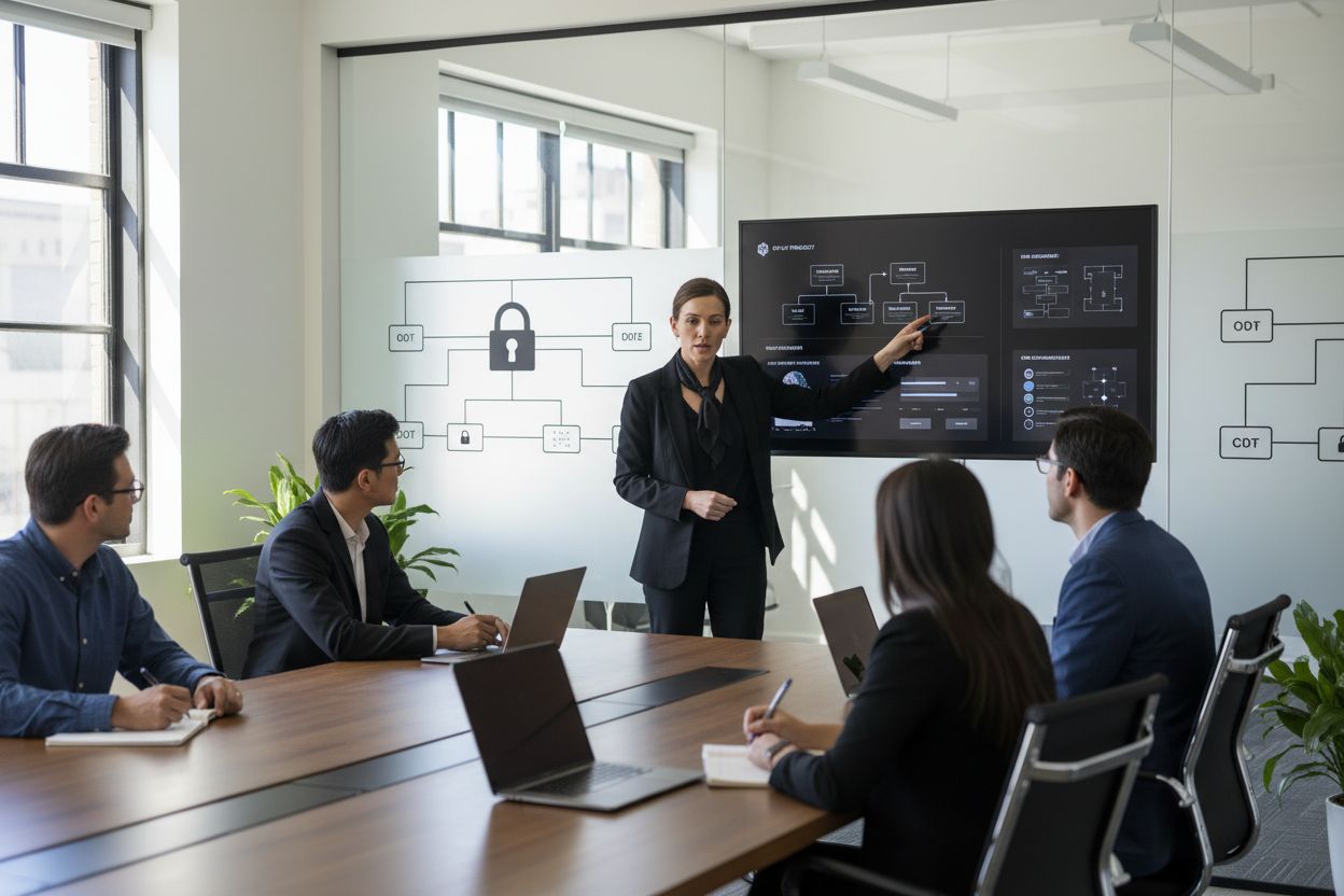 Business meeting discussing data privacy regulations, presenter pointing at digital display with security icons and flowcharts, emphasizing compliance with CCPA and CPRA.