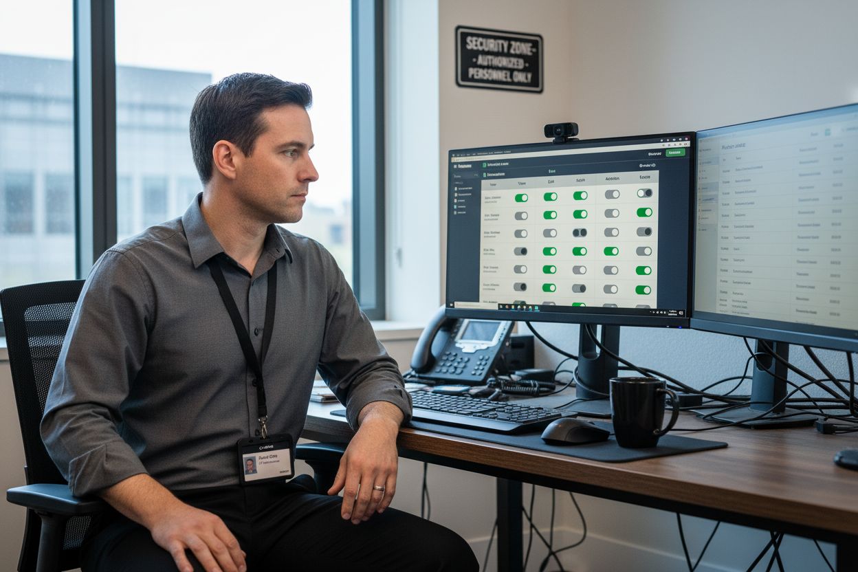 Professional man reviewing role-based access control settings on dual monitors in a secure office environment, emphasizing data security and user permissions.