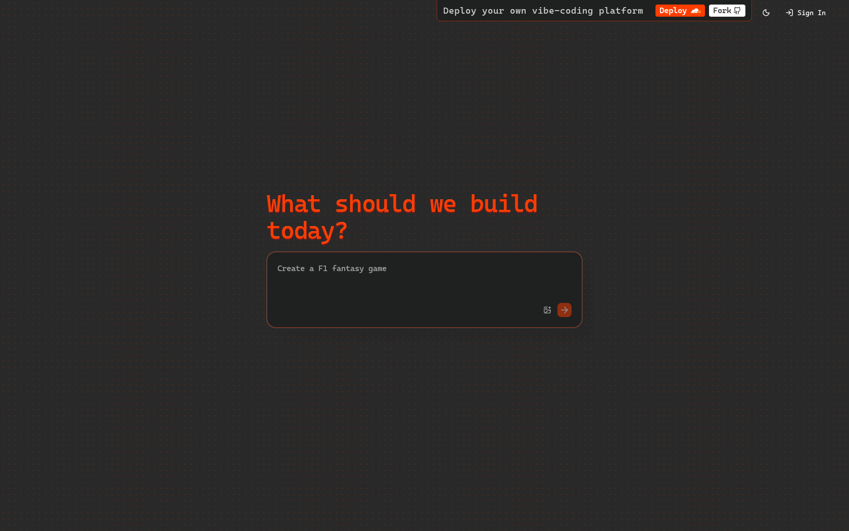 User interface of Alcalait platform displaying a prompt for building projects, featuring a dark theme with bold red text asking, "What should we build today?" and an input field suggesting "Create a F1 fantasy game."