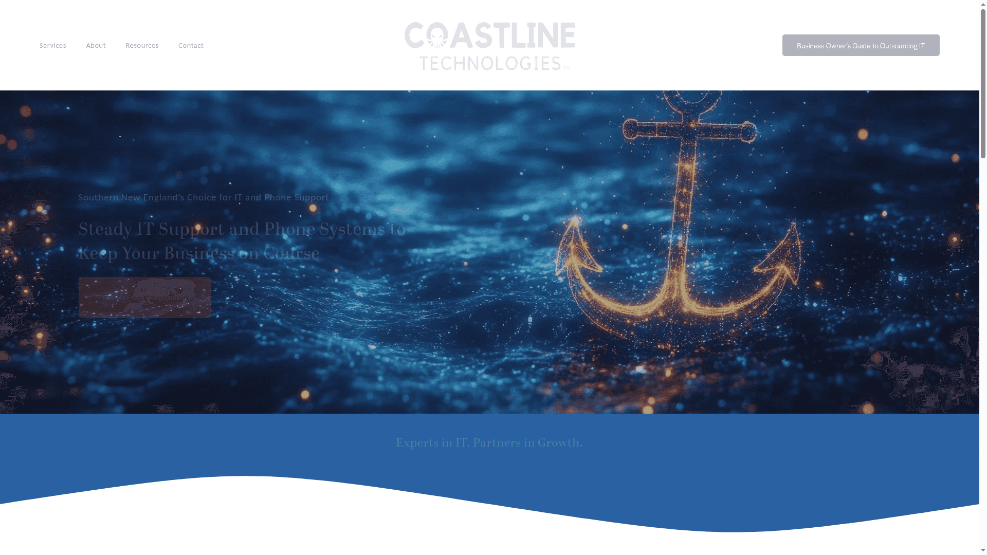 Coastline Technologies logo with a glowing anchor symbolizing steady IT support and phone systems in a blue ocean background, reflecting personalized service for small and medium businesses.
