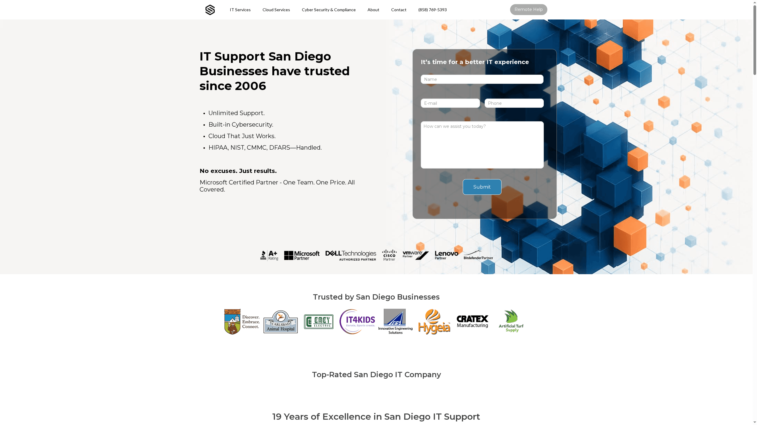 IT support services for San Diego businesses, featuring unlimited support, built-in cybersecurity, and cloud solutions, with a modern design showcasing technology elements.